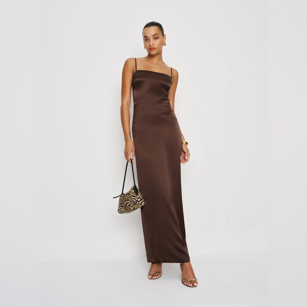 NEW Reformation Frankie Silk Maxi Dress Gown Cafe Brown | US 0 UK 4